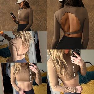 New in bag varsitie open back Scalloped Long Sleeve Crop Top yoga Pilates xs